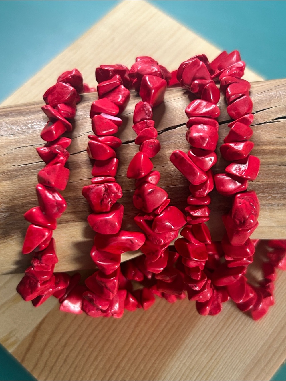 5 Vintage Hand Crafted Coral Colored Red Magnesite Chip Bead Stretch Bracelets